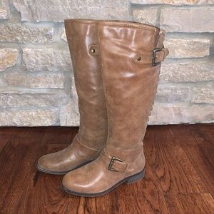 Madden girl brown boots with red zipper, size 6.